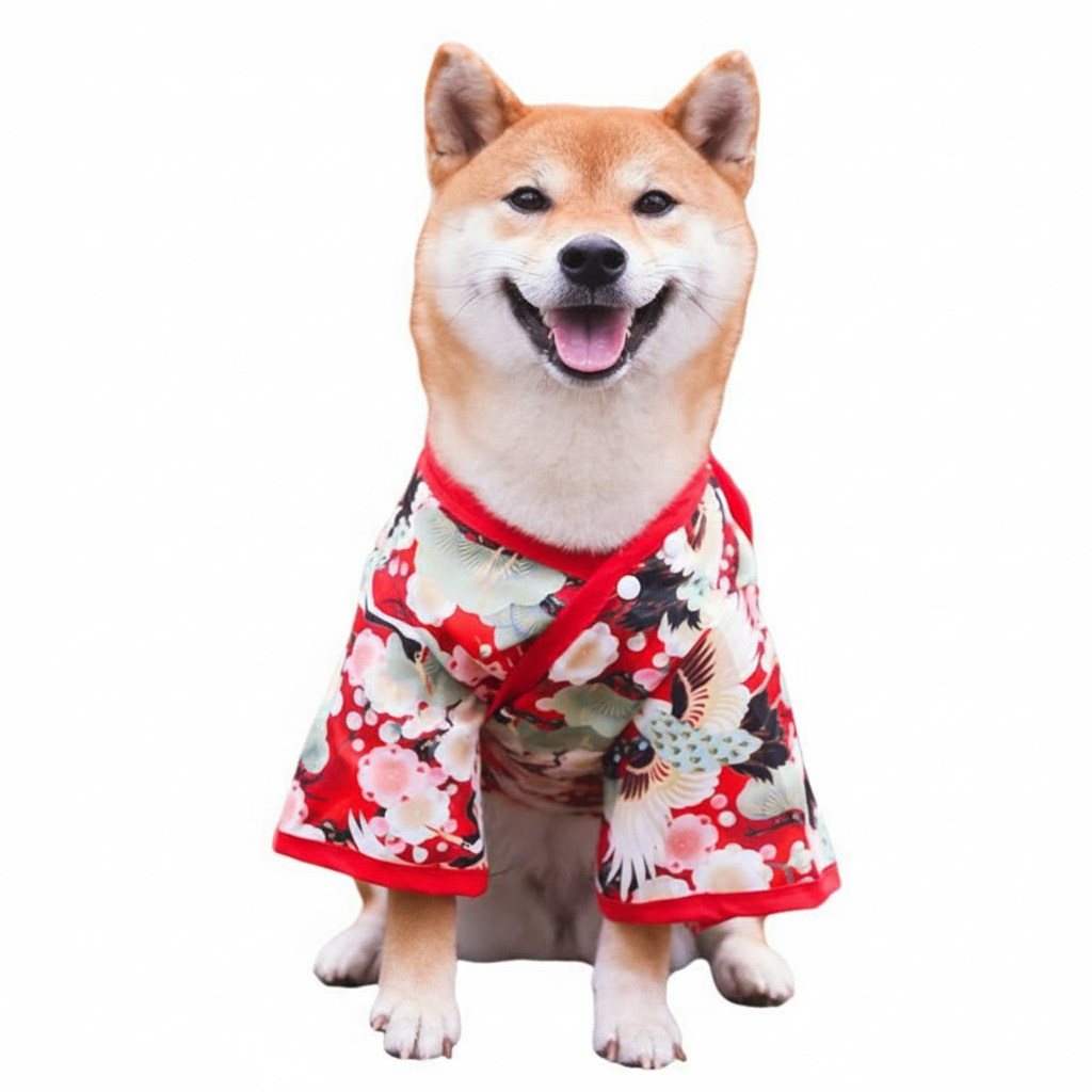 【PetoPop】華やか和柄・本格ペット用着物｜鶴と桜の伝統模様・お正月・お祝い事・晴れ着