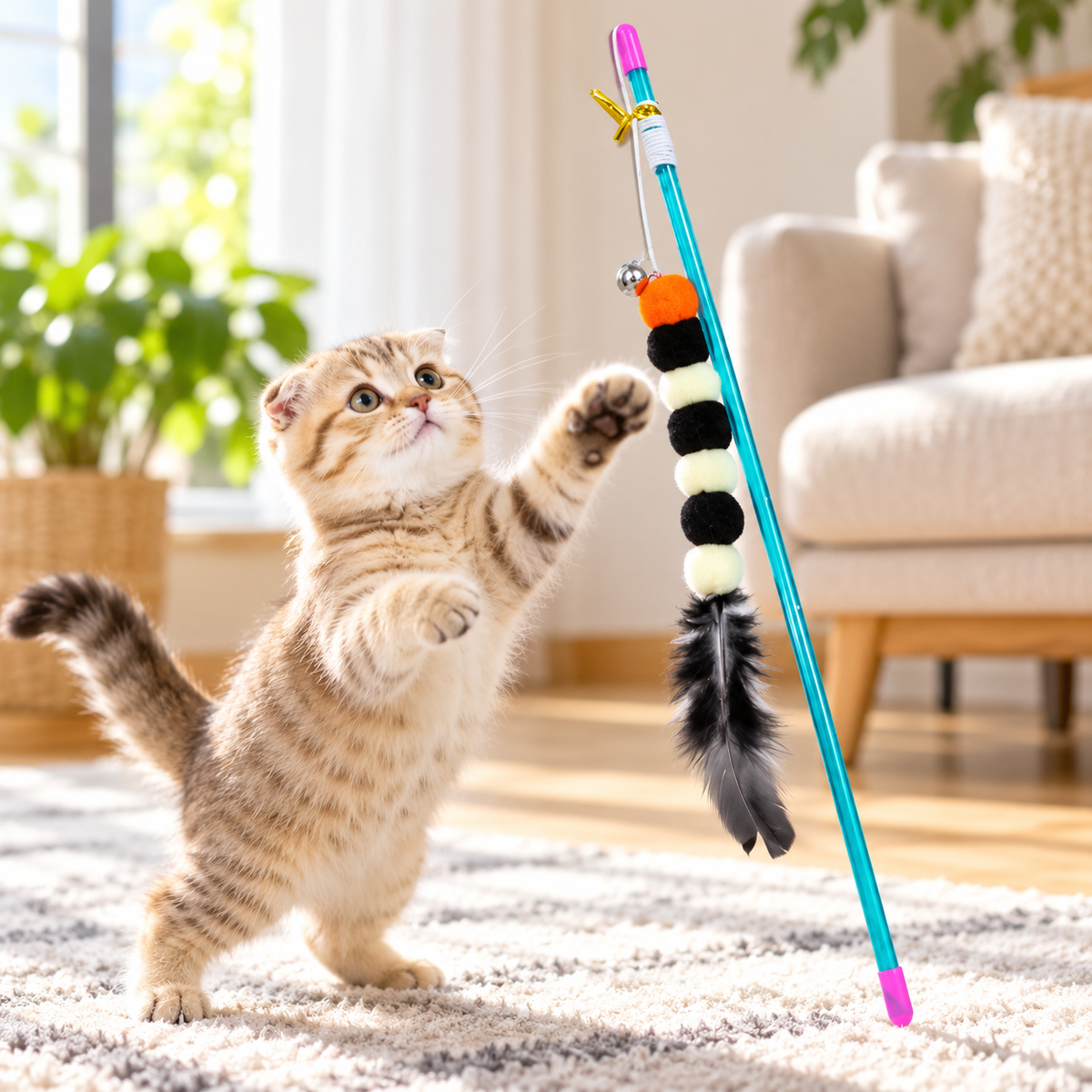 羽根付きターコイズ猫じゃらしで遊ぶ猫