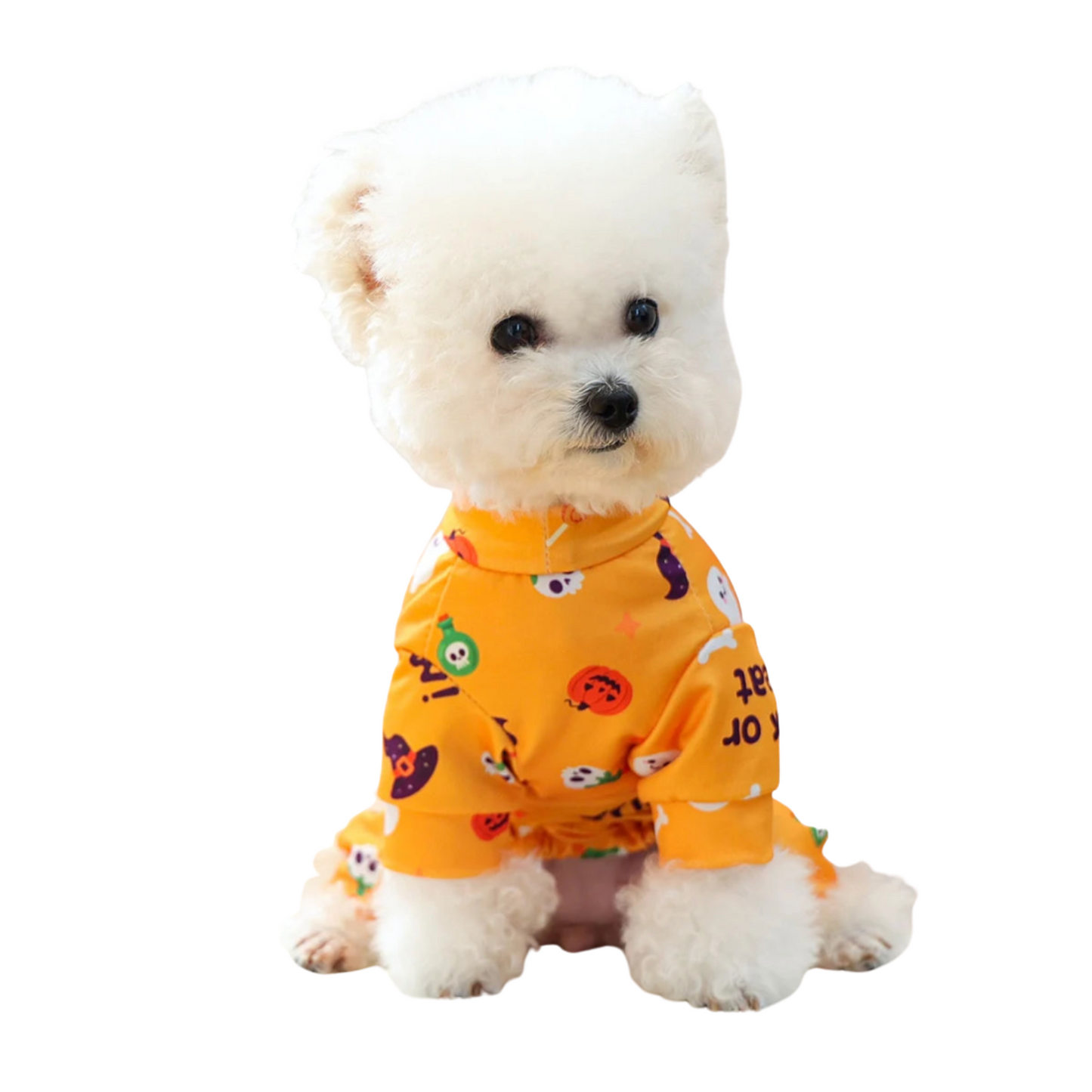 犬用ペット服、Petopop製、ハロウィーンをテーマにしたパターンが特徴の黄色の小型犬用コスチューム