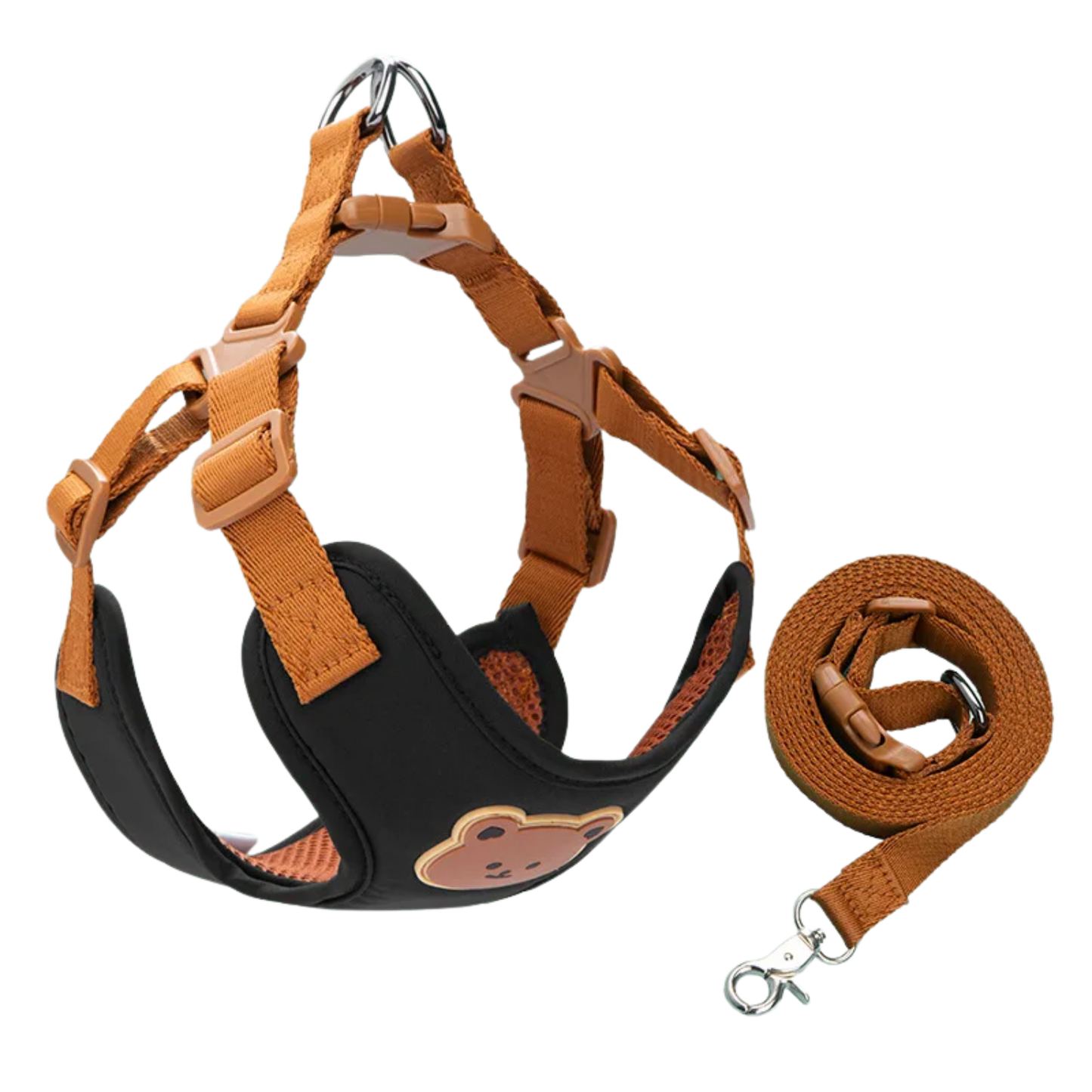 茶色の犬猫用ハーネスとリードセット（Petopop製）、黒い裏地とクマのアップリケ付き