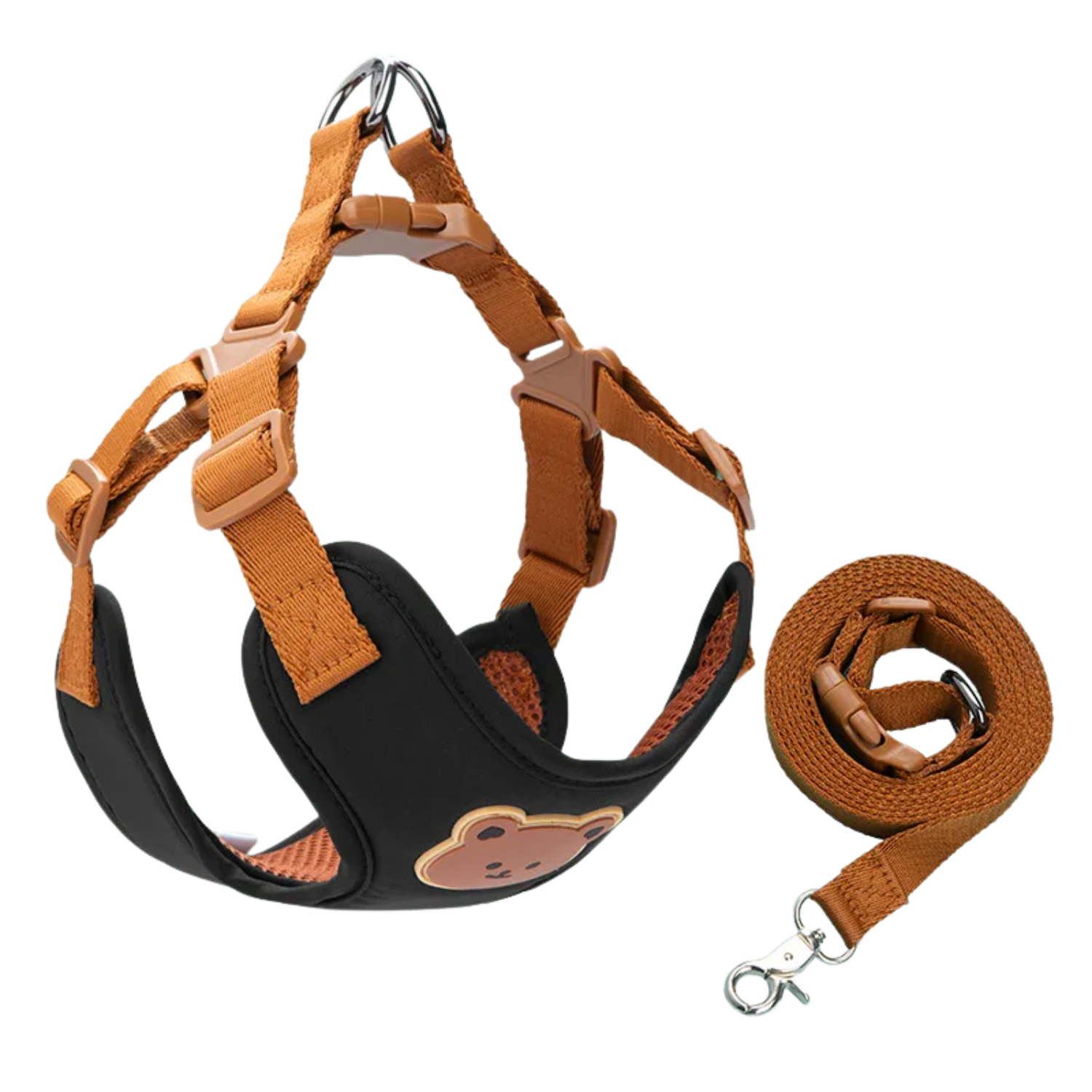 茶色の犬猫用ハーネスとリードセット（Petopop製）、黒い裏地とクマのアップリケ付き