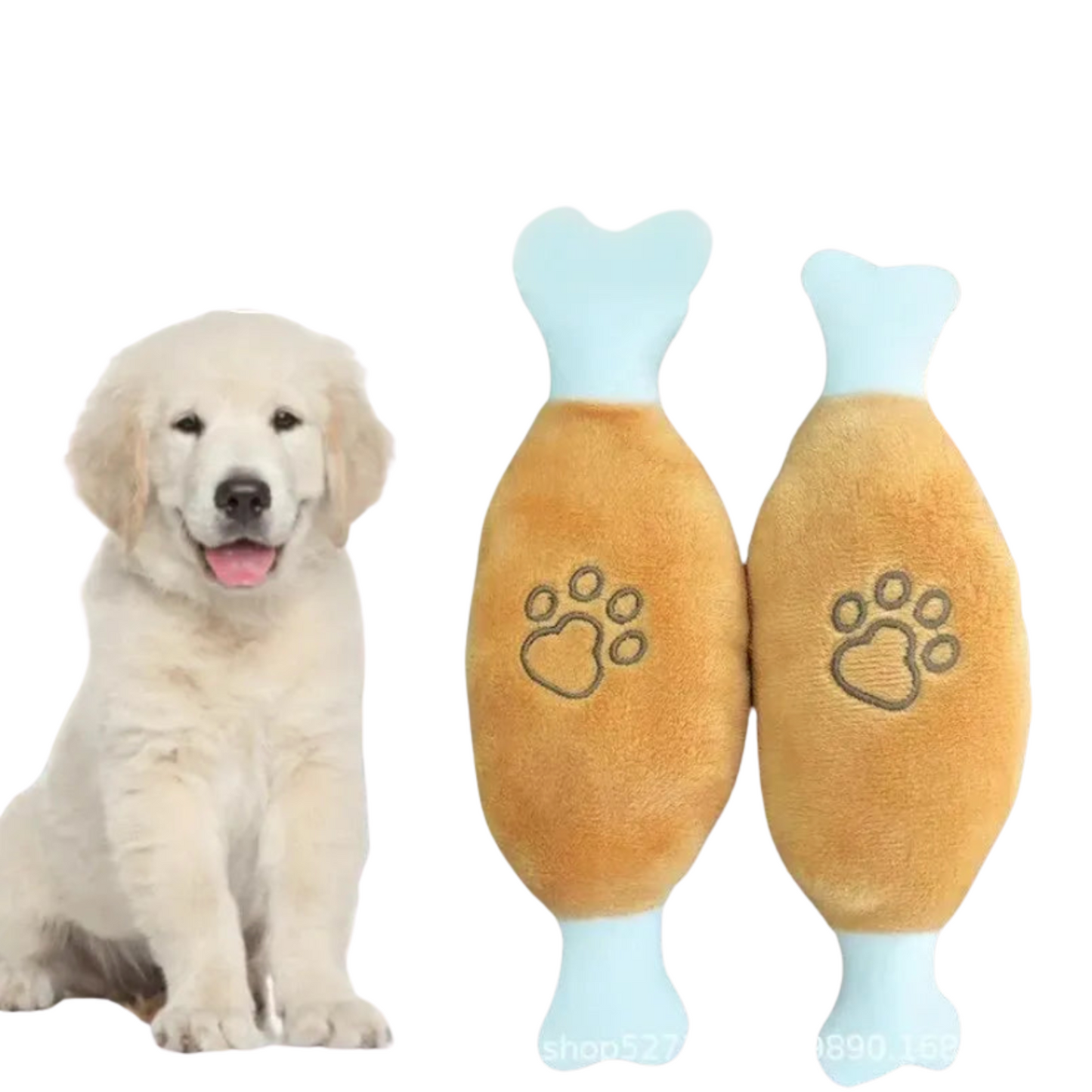 犬猫用骨型スクイークトイ（茶色、ぬいぐるみ製）、Petopop製、足跡の刺繍入り