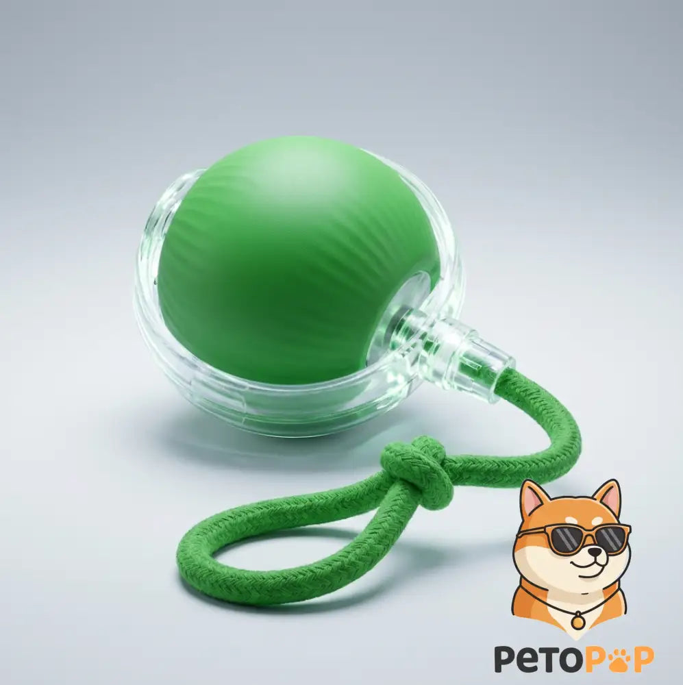 緑色のペット用ボール、おもちゃ、petopop.live製、透明なプラスチックの容器とロープ付き