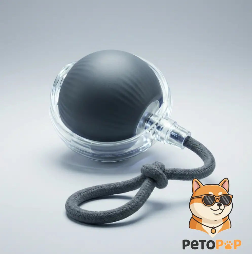 グレーのペット用ボール、petopop.live製、透明なプラスチック製シェルと結び目のあるロープ付き