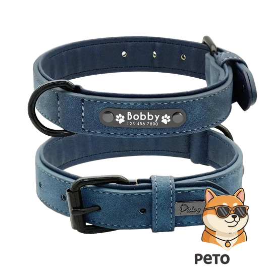 調整可能な本革犬用首輪（Petopop製）、小型犬から大型犬まで対応、名入れプレート付き