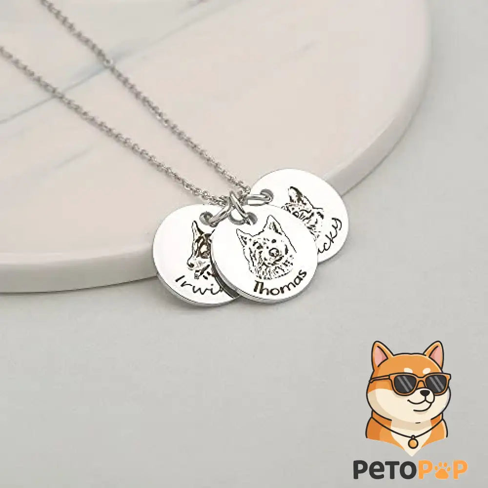 Silver necklace with engraved dog illustrations and names on a white background