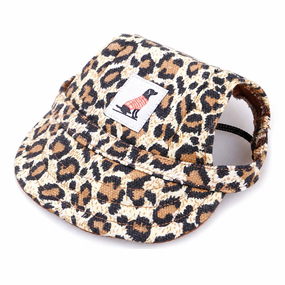 Leopard-print pet baseball cap with adjustable strap and sewn dog patch on a clean white background