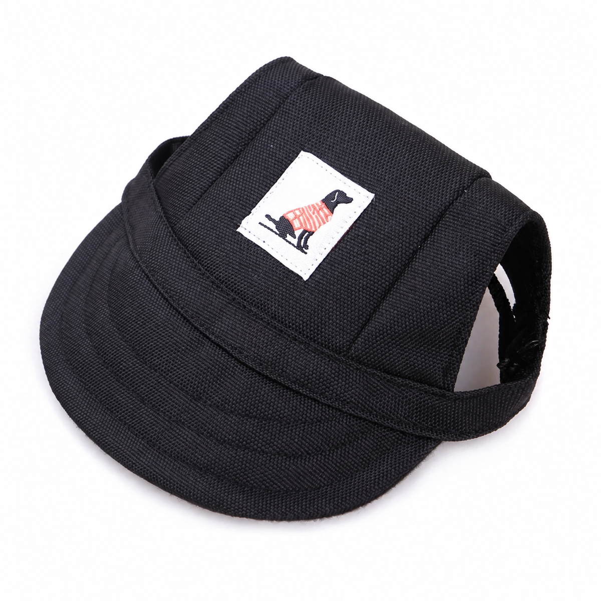 Black pet baseball cap with adjustable strap and sewn dog patch on a clean white background