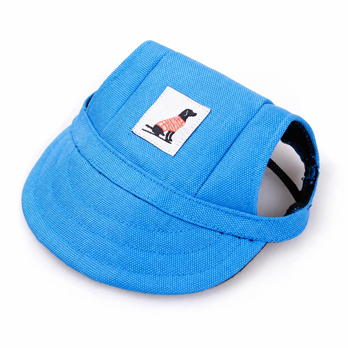Blue pet baseball cap with adjustable strap and sewn dog patch on a clean white background