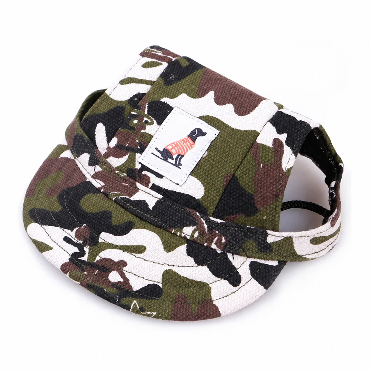 Camouflage pet baseball cap with adjustable strap and sewn dog patch on a clean white background