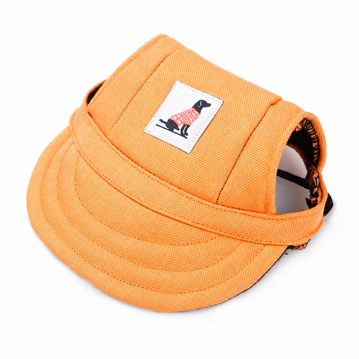 Orange pet baseball cap with adjustable strap and sewn dog patch on a clean white background