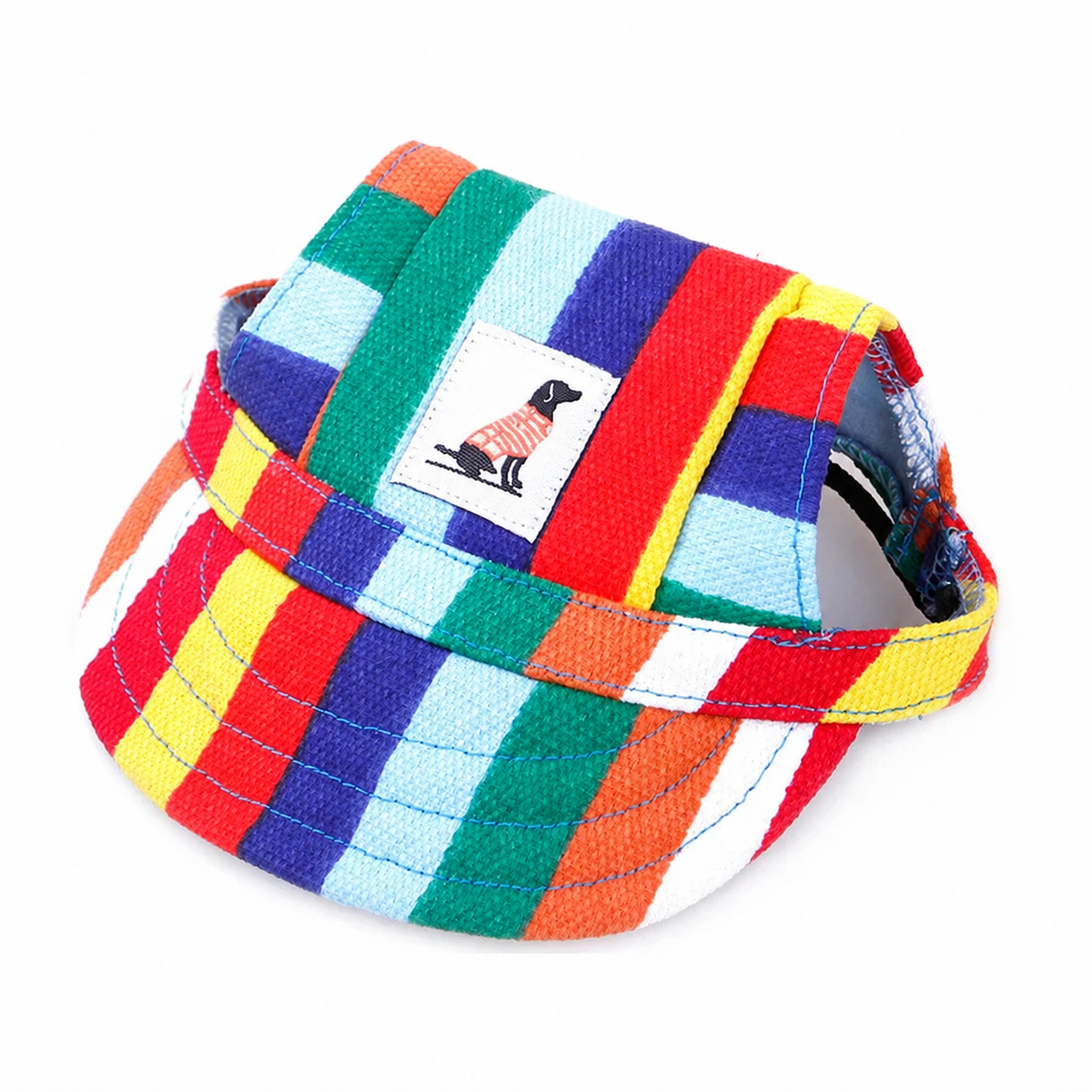 Colorful striped pet baseball cap with adjustable strap and sewn dog patch on a clean white background