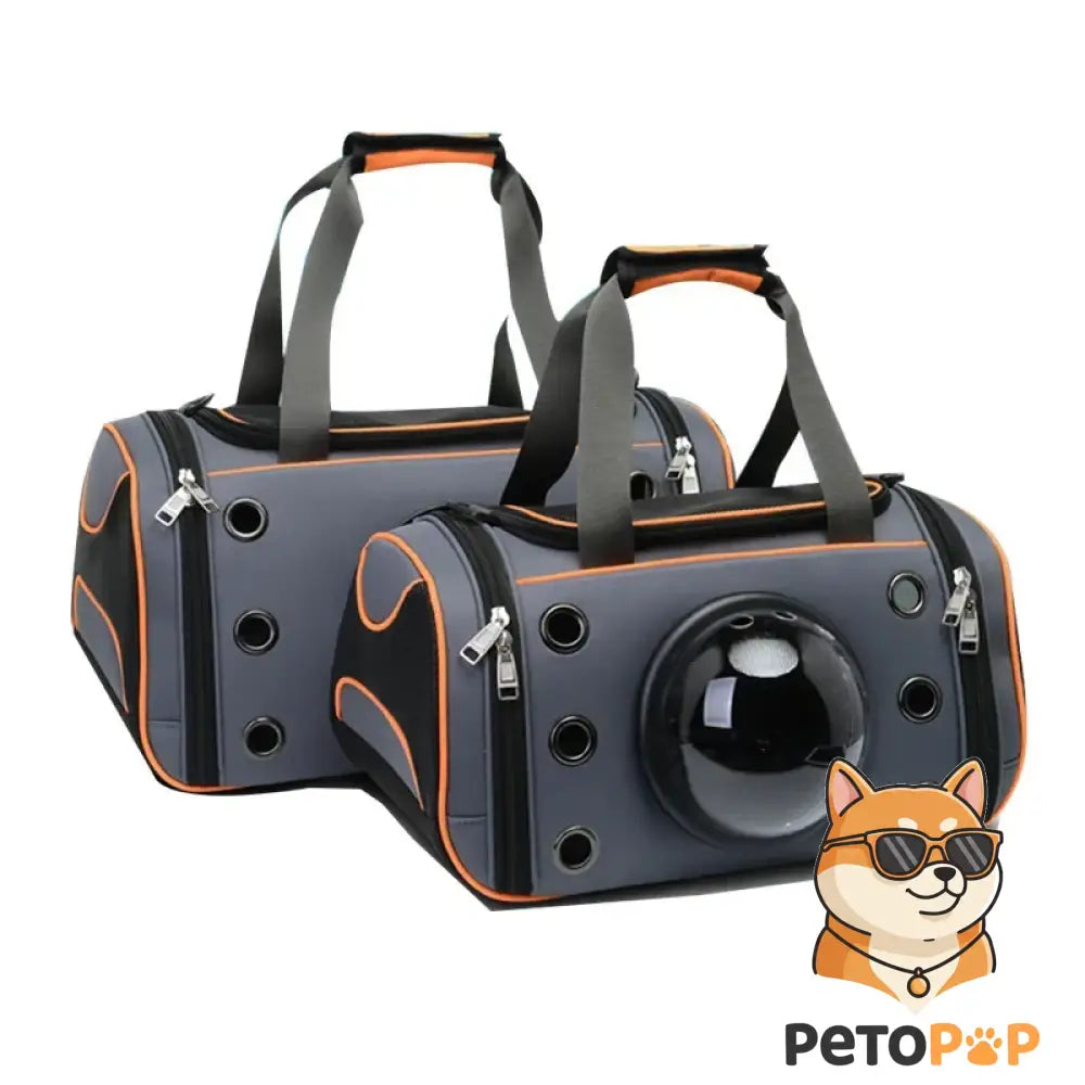 グレーのペット用キャリーバッグ（大・小）、Petopop製、オレンジのトリムと通気孔付き