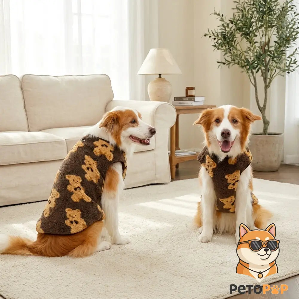 犬用ブラウンのフリースベスト、PetoPop製、テディベアの模様入り、2匹の犬がベージュのカーペットに座っている様子