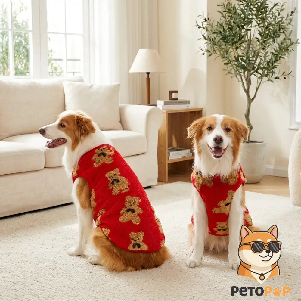 犬猫用フランネルパジャマ、 PetoPop製、テディベア柄の赤いウェアを着用した2匹の犬。