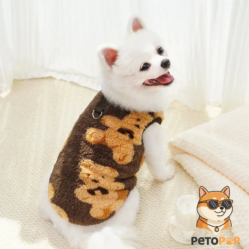 犬猫用茶色のフランネルパジャマ（M〜7XL）、PetoPop製、クマ柄の装飾が付いています