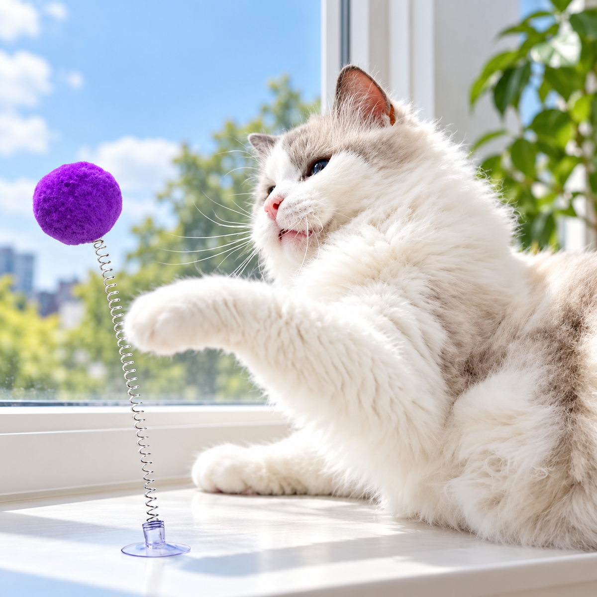 窓辺で紫の吸盤付きスプリングボールに触れる猫