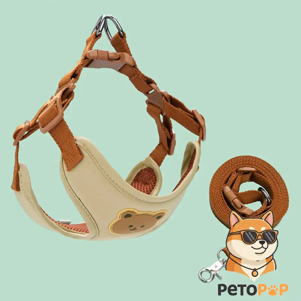 小型犬・中型犬用ハーネス＆リードセット（ベージュ色）｜Petopop製｜クマのアップリケ付き