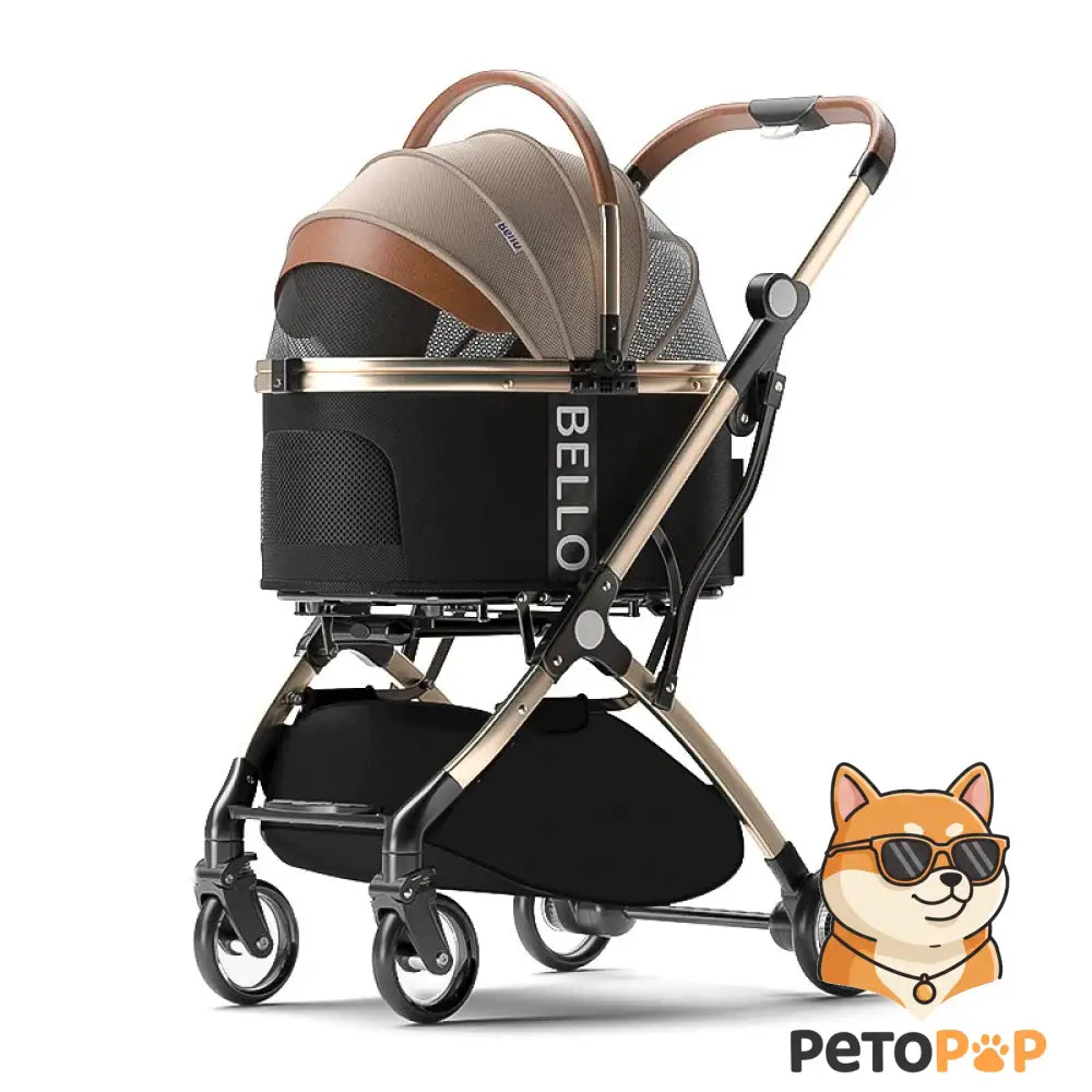 折りたたみ式ペットカート（黒）、Petopop製、ゴールドのフレームと茶色のハンドル付き、底に収納スペース